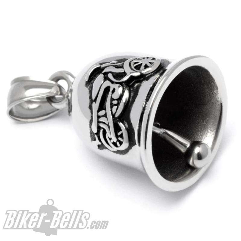 Biker-Bell mit Motorrad Motiv silber poliert aus Edelstahl Chopper Bobber Ride Bell